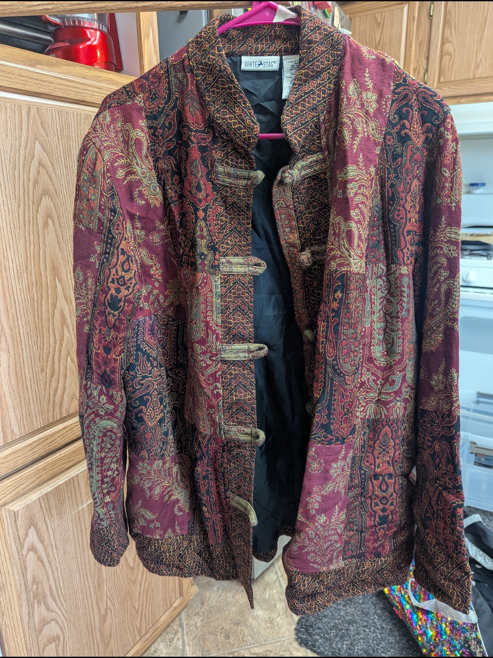 White Stag Burgundy and Black Paisley Toggle Bomber Jacket